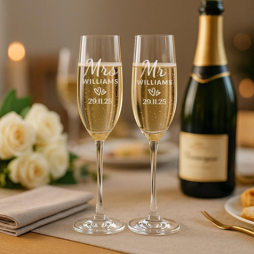Personalised Wedding Champagne Glass Flutes: Engaged Couples Prosecco Glass Keepsake