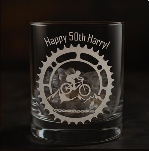Engraved Whiskey Glass | Personalised Birthday Whiskey Glass Mountain Bike Design Gift | Mountain Bike Lover Gifts | Any Age Birthday Gift