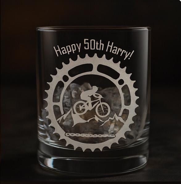 Engraved Whiskey Glass | Personalised Birthday Whiskey Glass Mountain Bike Design Gift | Mountain Bike Lover Gifts | Any Age Birthday Gift