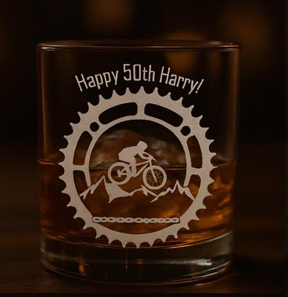 Engraved Whiskey Glass | Personalised Birthday Whiskey Glass Mountain Bike Design Gift | Mountain Bike Lover Gifts | Any Age Birthday Gift