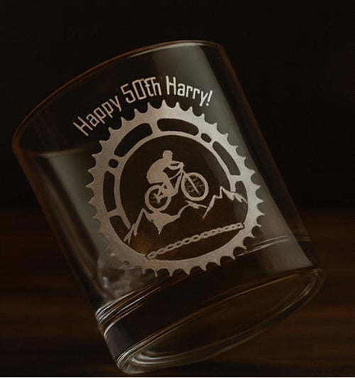 Engraved Whiskey Glass | Personalised Birthday Whiskey Glass Mountain Bike Design Gift | Mountain Bike Lover Gifts | Any Age Birthday Gift
