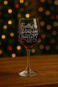 Fuelled by Vino  ChatGPT – Engraved Wine Glass | Perfect Gift for Wine Lovers, AI Fans & Festive Fun