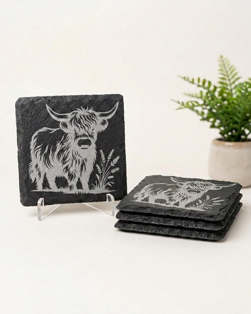 Highland Cow Slate Coaster set of 4| Engraved Heilan Coo Gift | Slate Coaster Decor | Highland Cow Gifts| Housewarming Gift | Gifts for Her