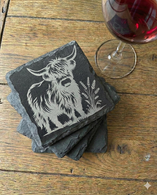 Highland Cow Slate Coaster set of 4| Engraved Heilan Coo Gift | Slate Coaster Decor | Highland Cow Gifts| Housewarming Gift | Gifts for Her