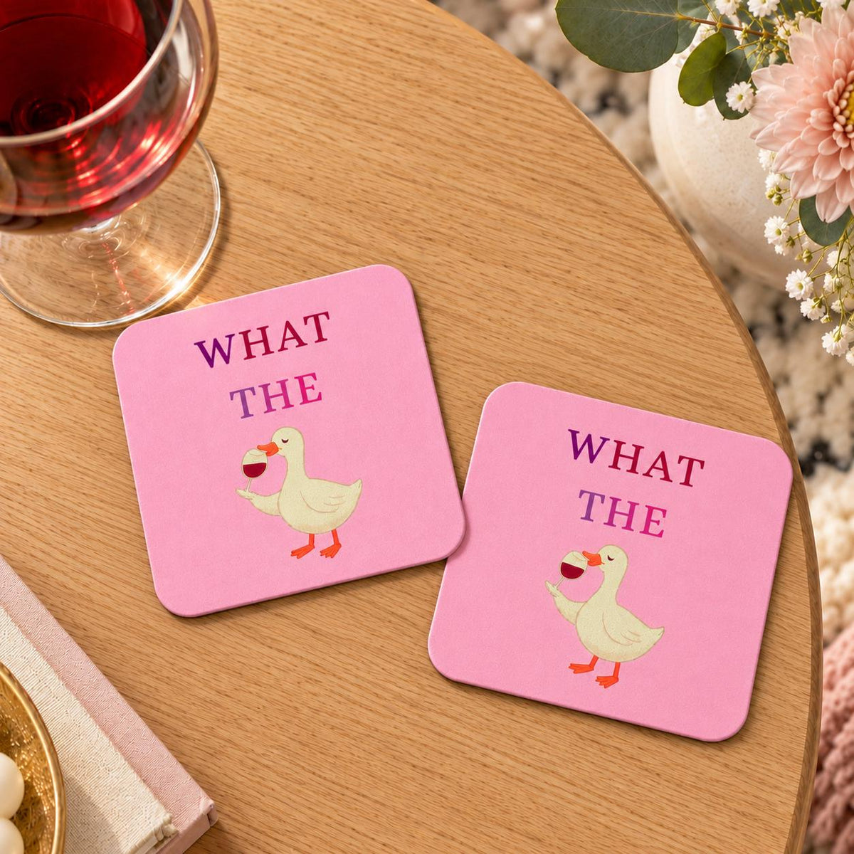What the Duck MDF Coaster, Funny Pink Wine Duck Design, Single or Set of 2, 3 or 4