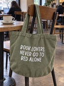 Book Lovers Tote Bag | Olive Green Premium 100% Recycled Cotton Tote Bag | Book Lovers Never Go to Bed Alone | Gift