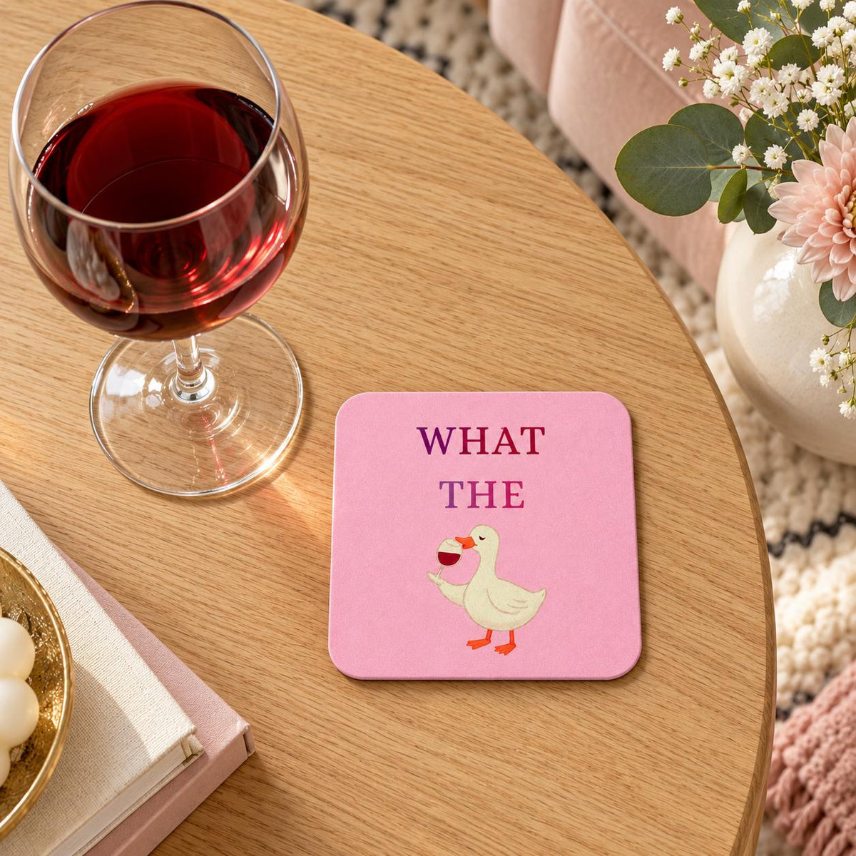What the Duck MDF Coaster, Funny Pink Wine Duck Design, Single or Set of 2, 3 or 4