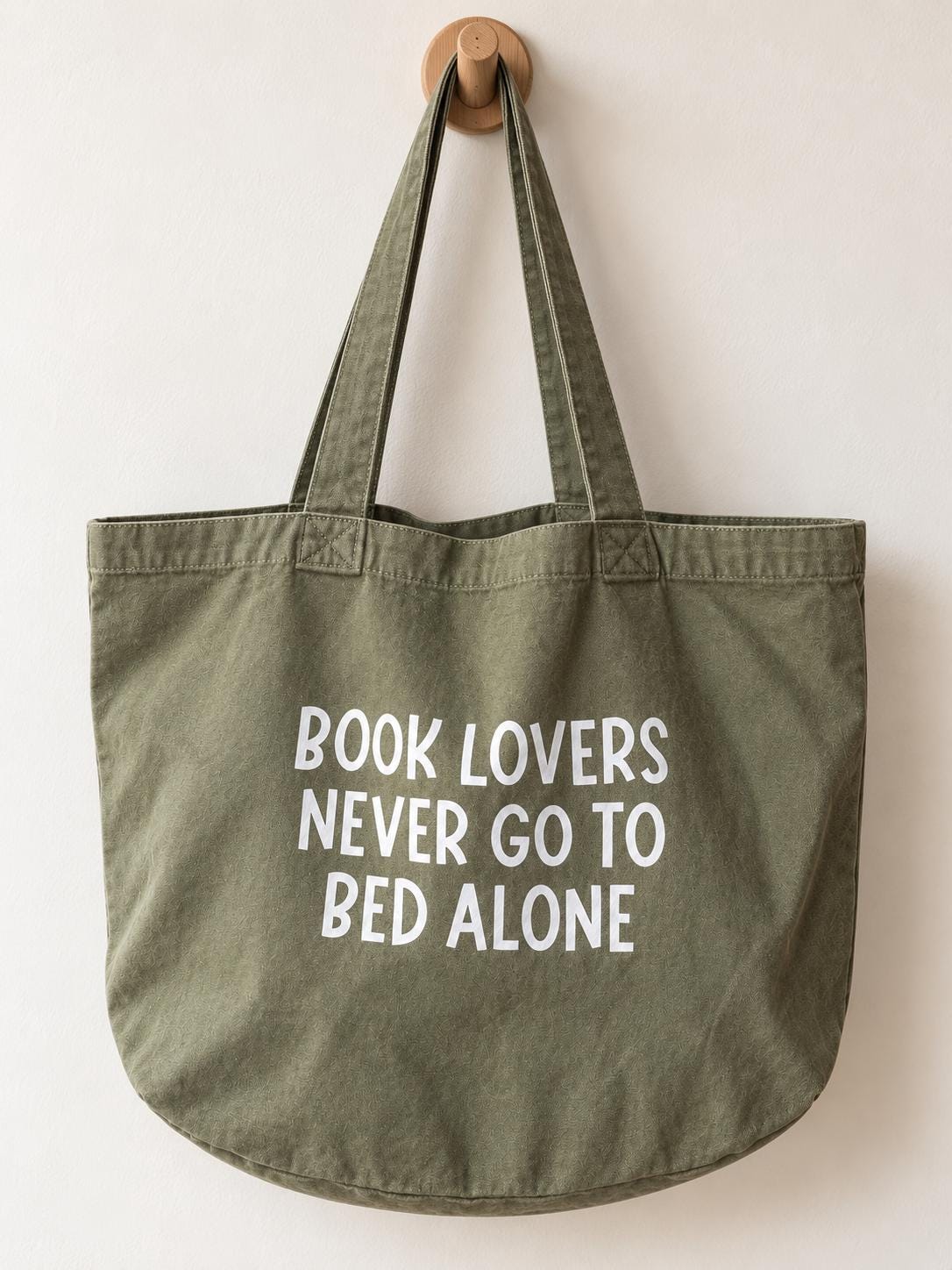 Book Lovers Tote Bag | Olive Green Premium 100% Recycled Cotton Tote Bag | Book Lovers Never Go to Bed Alone | Gift
