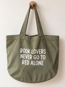 Book Lovers Tote Bag | Olive Green Premium 100% Recycled Cotton Tote Bag | Book Lovers Never Go to Bed Alone | Gift