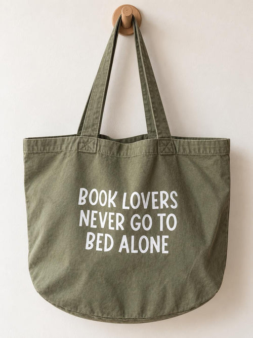 Book Lovers Tote Bag | Olive Green Premium 100% Recycled Cotton Tote Bag | Book Lovers Never Go to Bed Alone | Gift