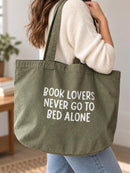 Book Lovers Tote Bag | Olive Green Premium 100% Recycled Cotton Tote Bag | Book Lovers Never Go to Bed Alone | Gift