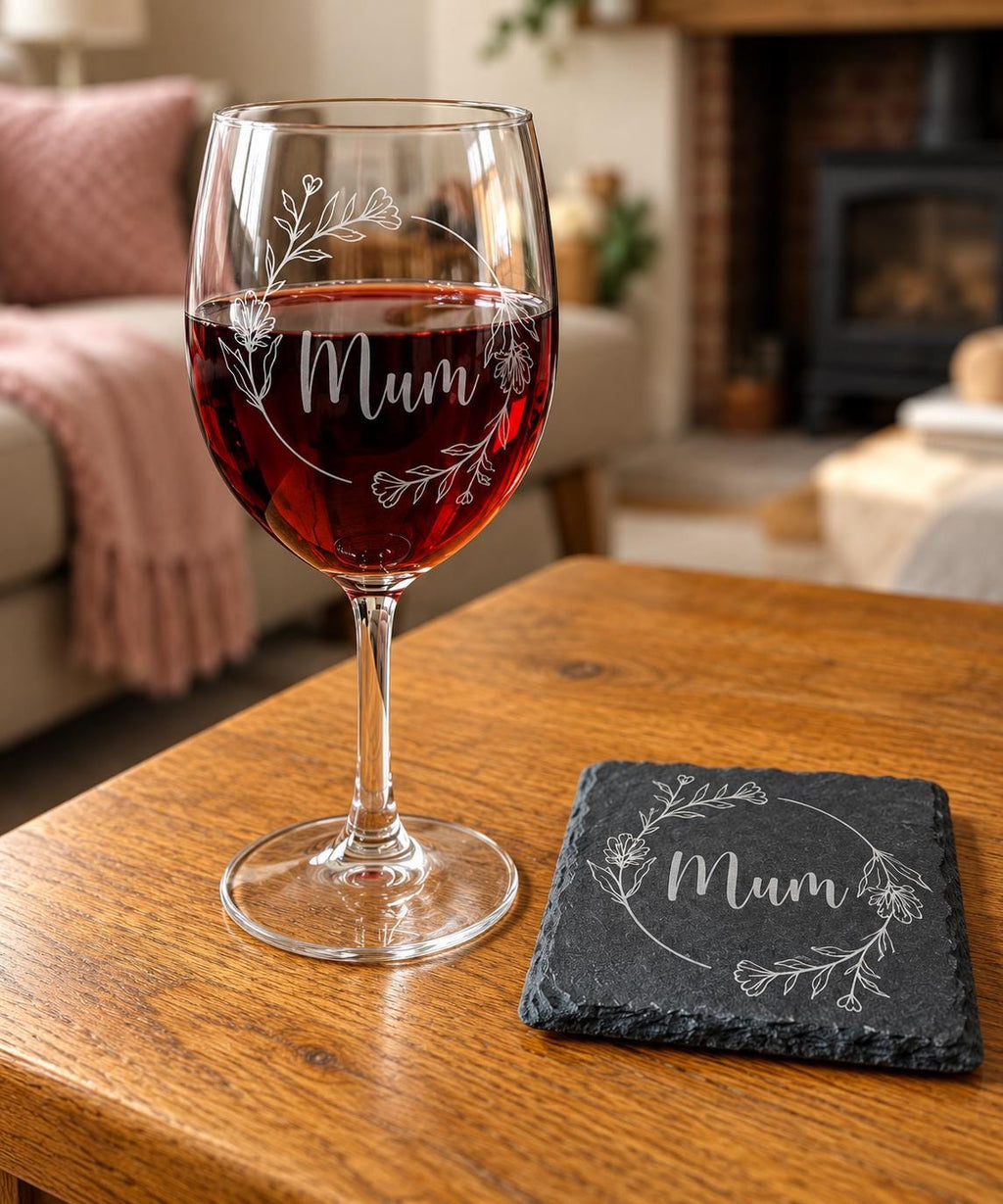Engraved Wine Glass | Mum Wine Glass | Engraved Mum Wine Glass | Gift for Mum | Floral Design
