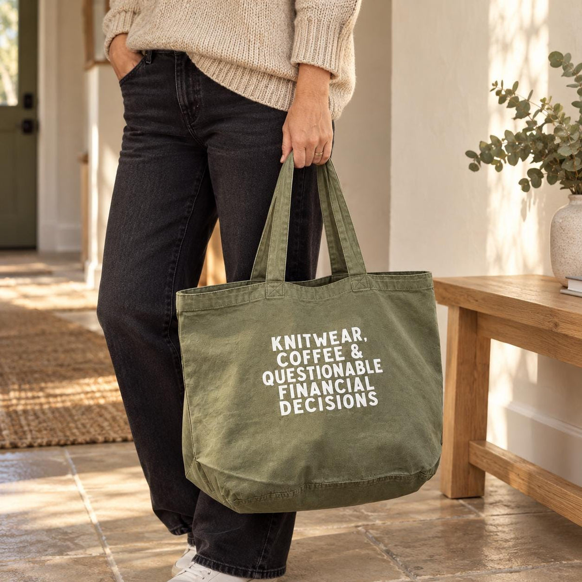 Large Olive Green Tote Bag – Knitwear, Coffee & Questionable Financial Decisions - Tote bags for Women