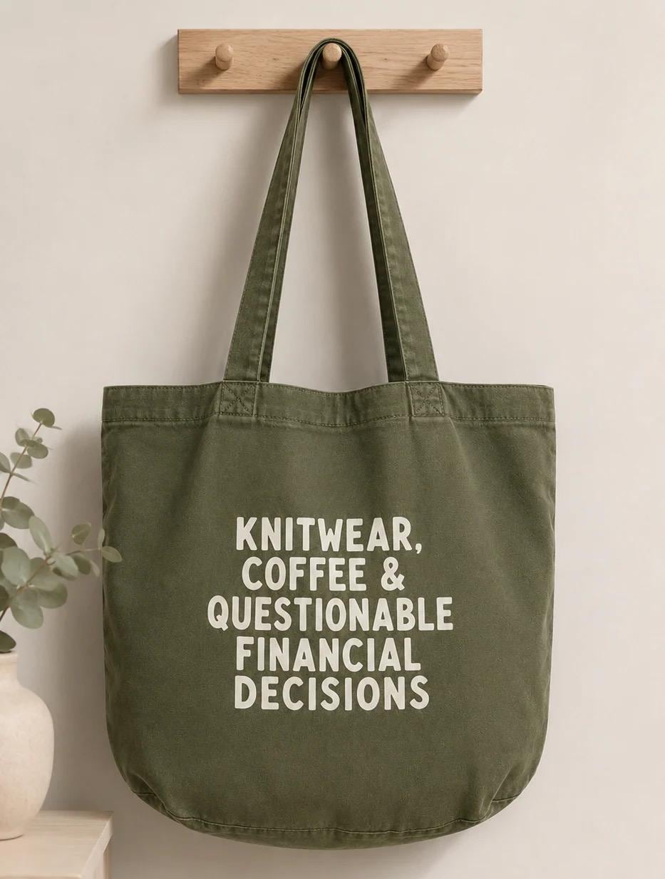 Large Olive Green Tote Bag – Knitwear, Coffee & Questionable Financial Decisions - Tote bags for Women