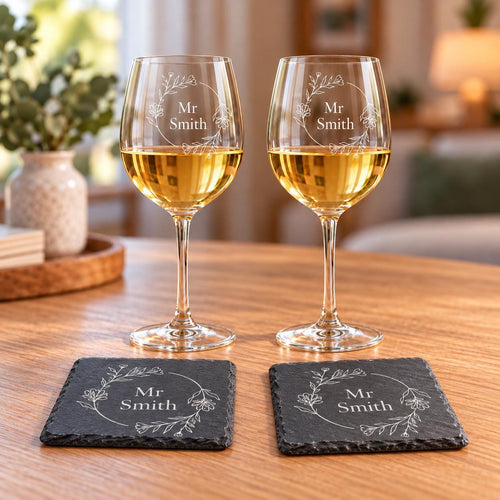 Personalised Wedding Wine Glasses | Engraved Wine Glasses | Set of 2 | Mr & Mrs or Mrs x2 or Mr x2 | Anniversary Gift |