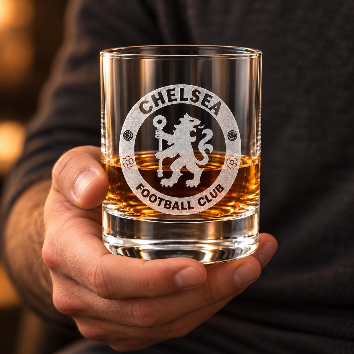 Engraved Chelsea Football Whiskey Glass, Personalized Whiskey Glass | Gifts for Men, Dad, Brother, Grandad, Taid